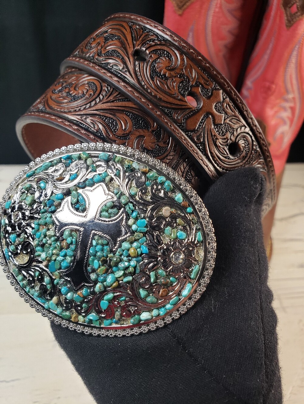Blazin' Roxx/ Nocona Turquoise Stone Cross Cowboy Belt in size 28
